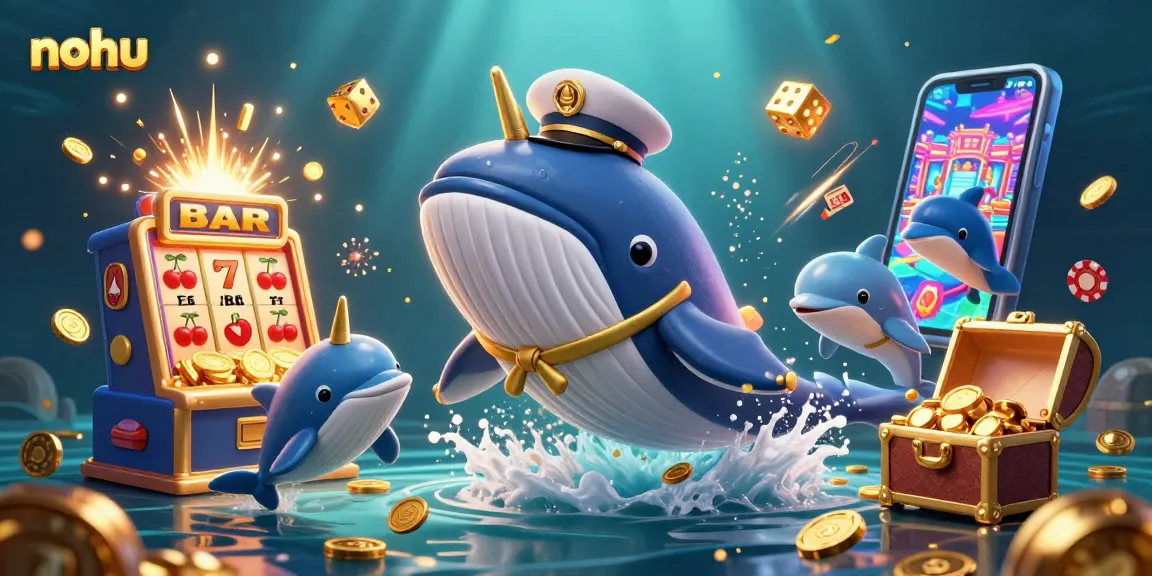 Win big with NOHU's immersive jackpot scene featuring playful dolphins and a whale amidst golden coins.