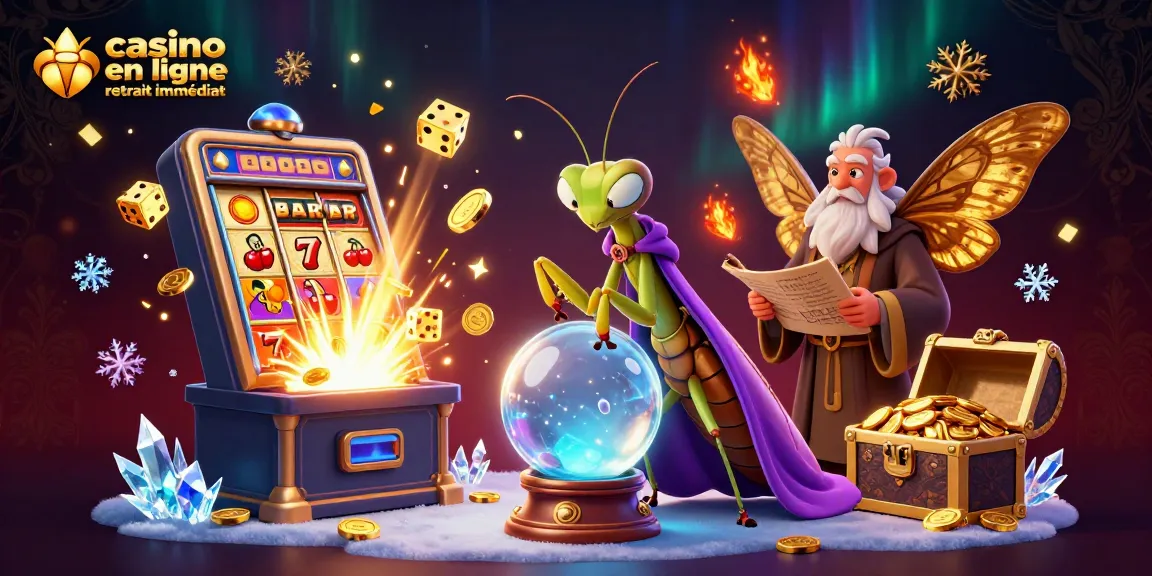 Visuel captivant pour casino en ligne retrait immédiat, où une mante religieuse voyante et un papillon sage explorent un monde de jeux, avec des symboles et des éléments de casino indéniables.