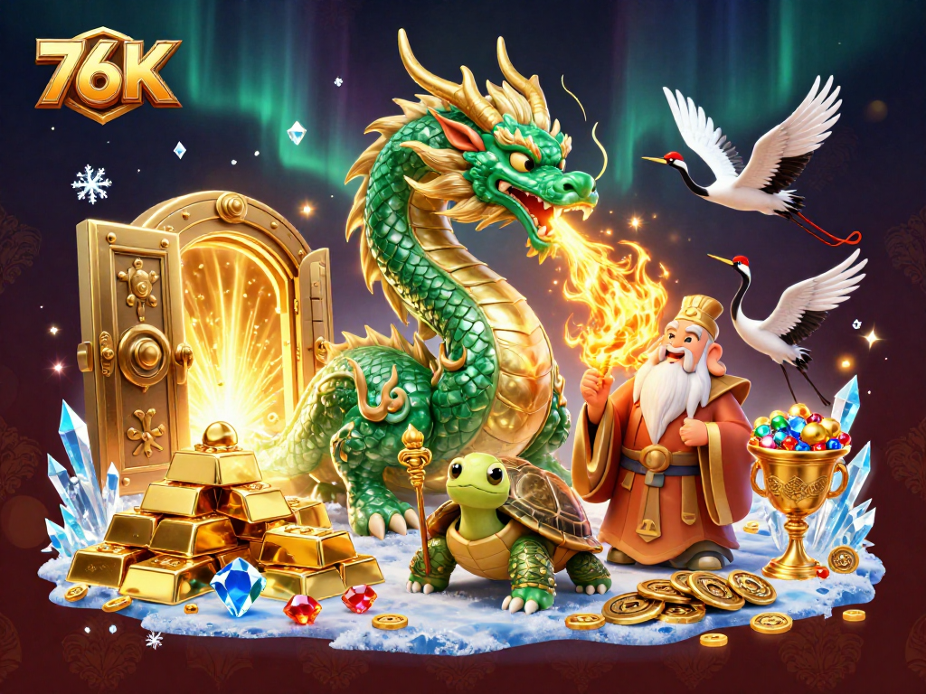 Explore a emoção do 76K com dragão de jade e tesouros em uma cena vibrante.