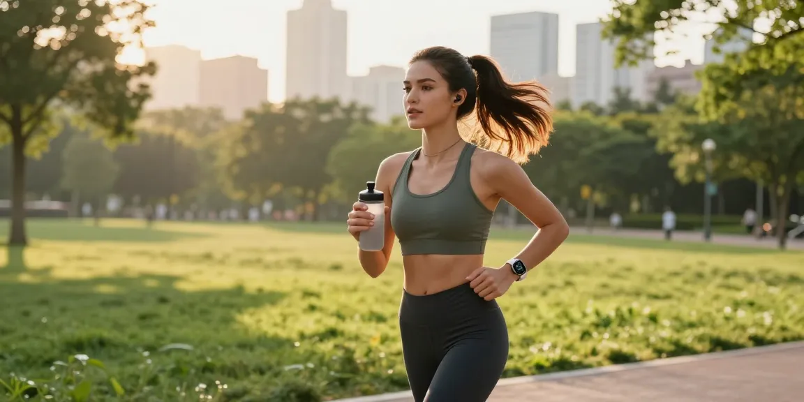 Wanita muda berlari di taman kota dengan Fitbit Luxe, menampilkan gaya hidup aktif yang sehat di https://www.polarfitbitshop.com/fitbit-luxe/.