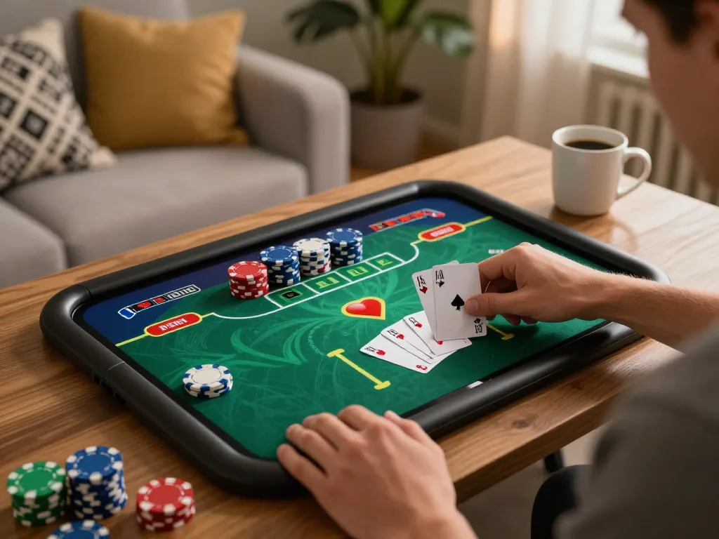 Engaging player placing a strategic bet in online poker on superjp mobile app in cozy atmosphere.