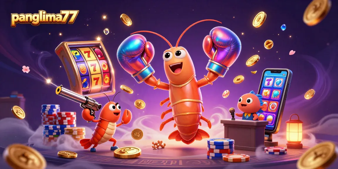Panglima77 showcasing slot game excitement with vibrant shrimp characters amid cascading coins and gems.