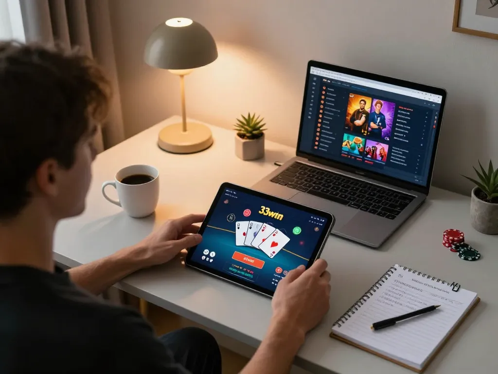 Player enjoying online casino at home with 33win poker app, showcasing betting strategies