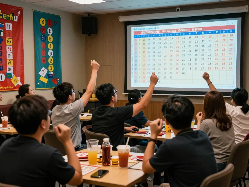 Exciting live draw scene for HK Lotto with players cheering and results displayed.