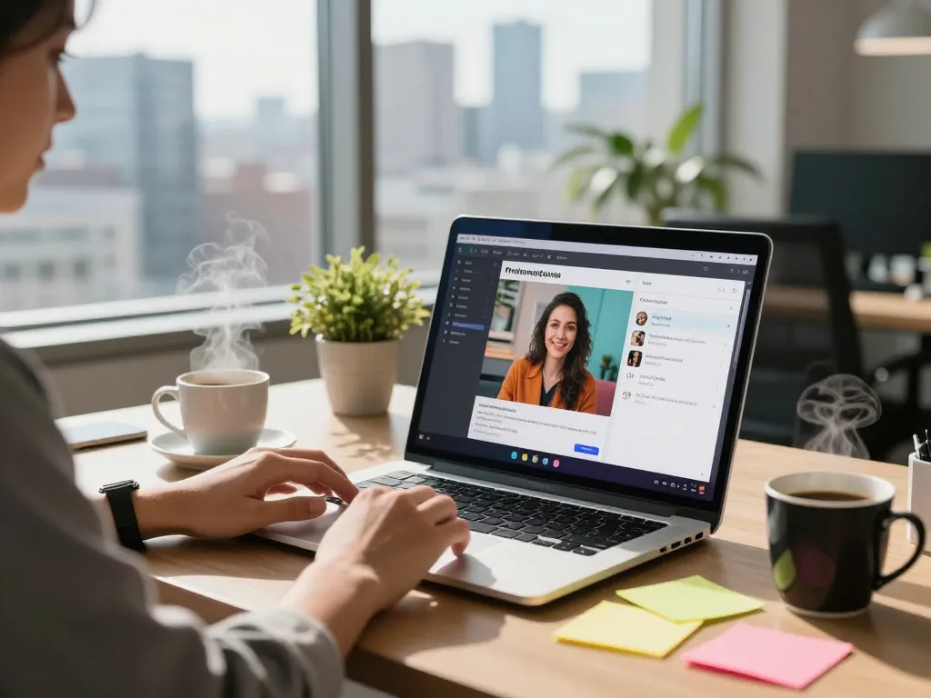 Person using the image to prompt generator in a modern office setting with vibrant visuals on screen.