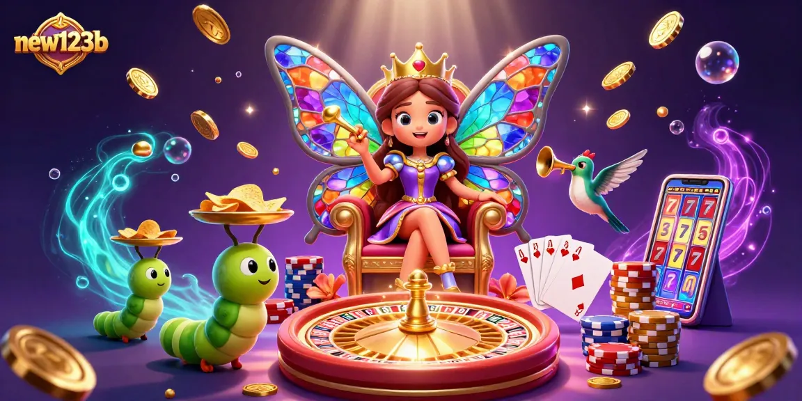 Experience the excitement of new123b with vibrant casino elements in a magical scene featuring a butterfly queen.