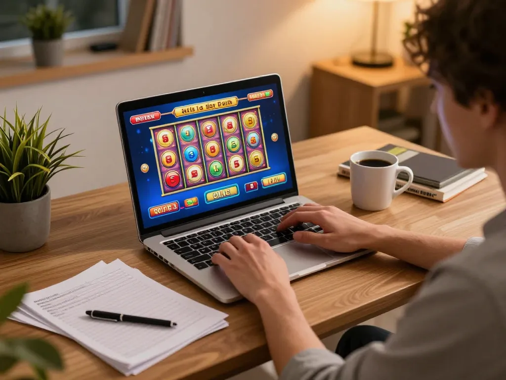 Player enjoying situs slot games on laptop at home, showcasing vibrant online gaming atmosphere
