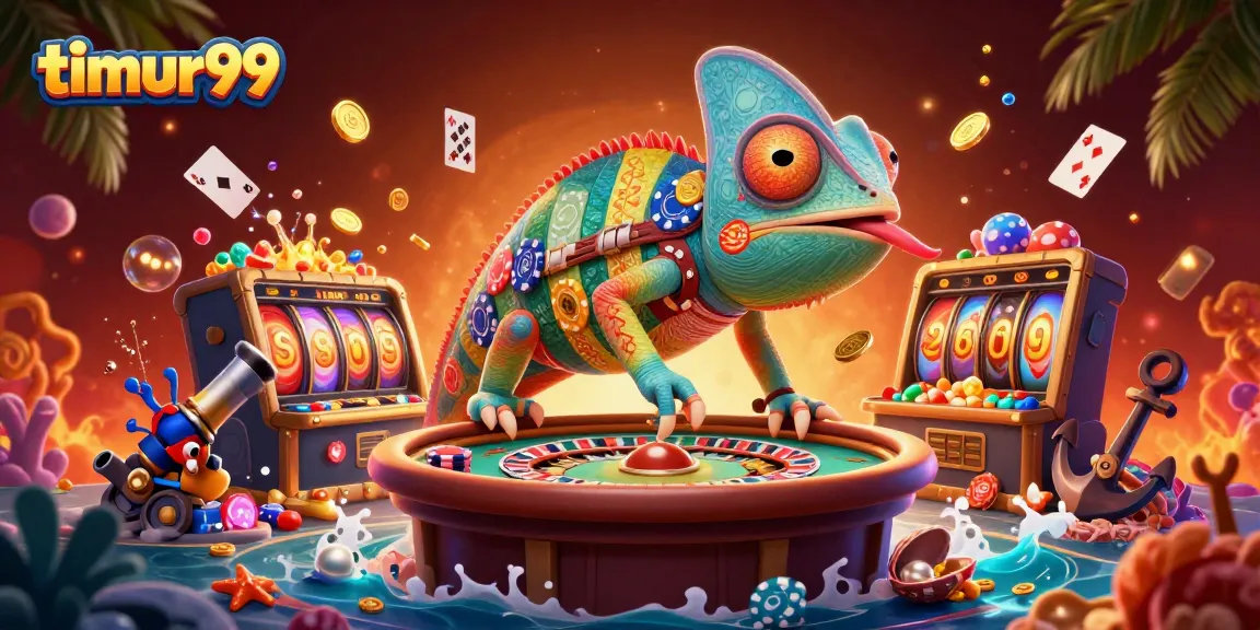 Engage with timur99's vibrant casino world, featuring a chameleon owner, spinning slot reels, and treasure-filled adventure.