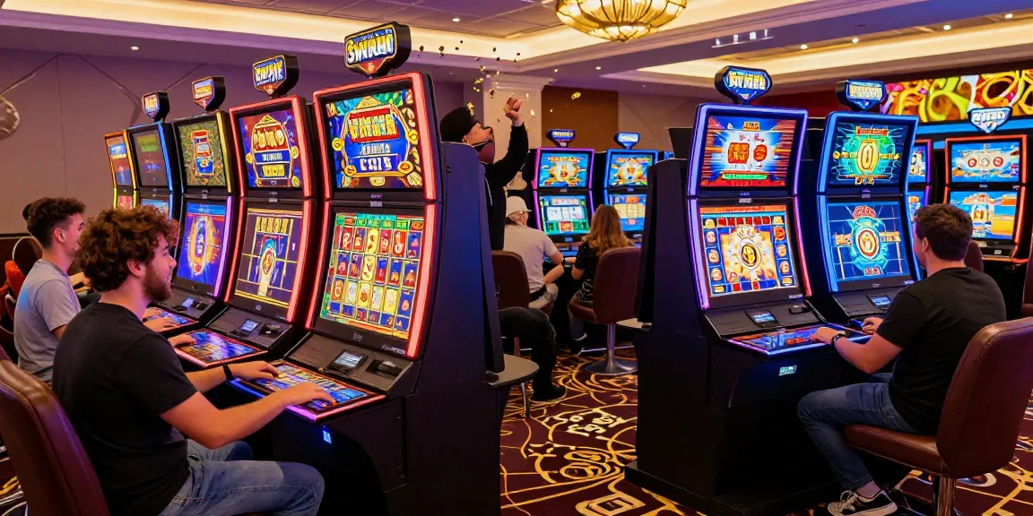 Excited players engaging with vibrant slot machines in an online casino.