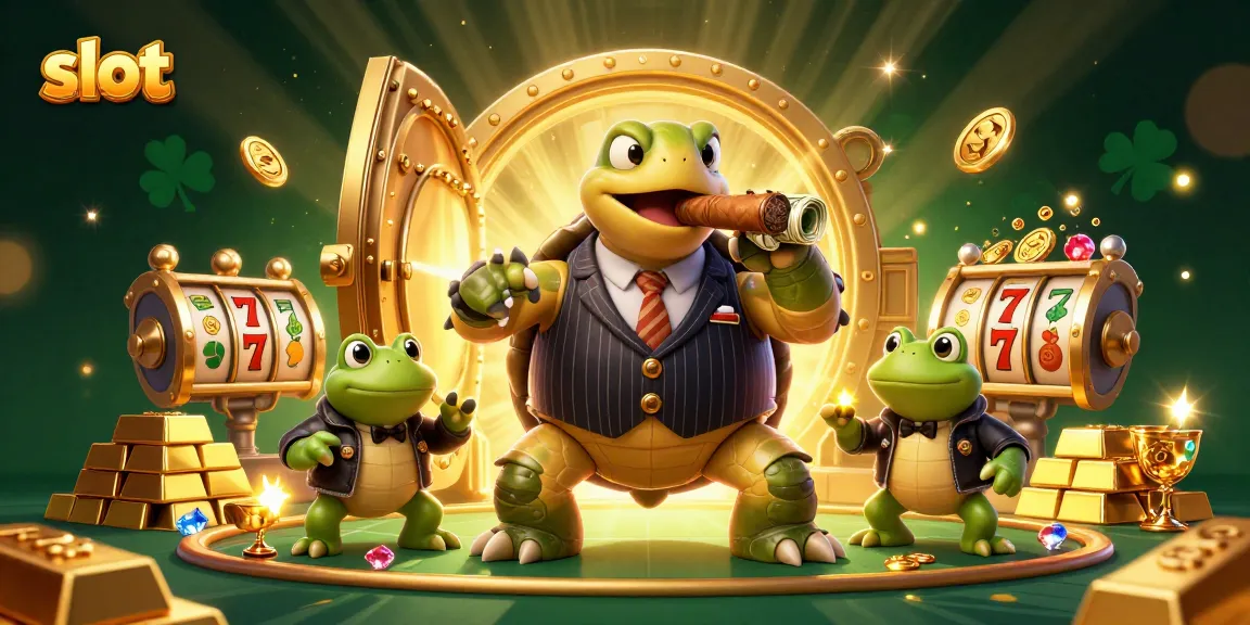 Spin the slot reels in this vibrant 3D illustration featuring playful casino characters.