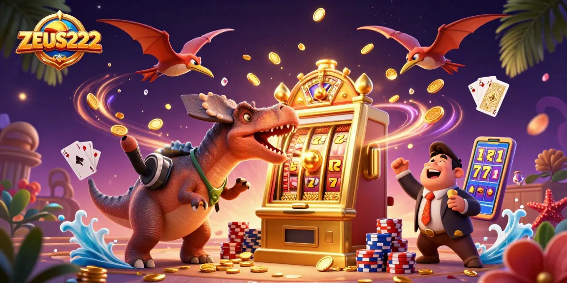 ZEUS222 mempersembahkan jackpot dengan karakter dinosaurus dan mesin slot yang menarik.