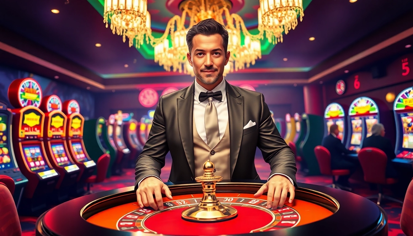 Vegas hero engaging players in an energetic casino scene with vibrant lights and excitement.