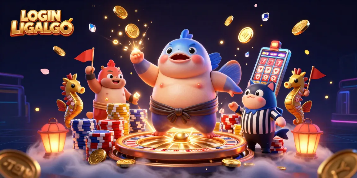 Engage with LOGIN LIGALGO gameplay featuring vibrant 3D fugu and casino elements creating an exciting atmosphere.