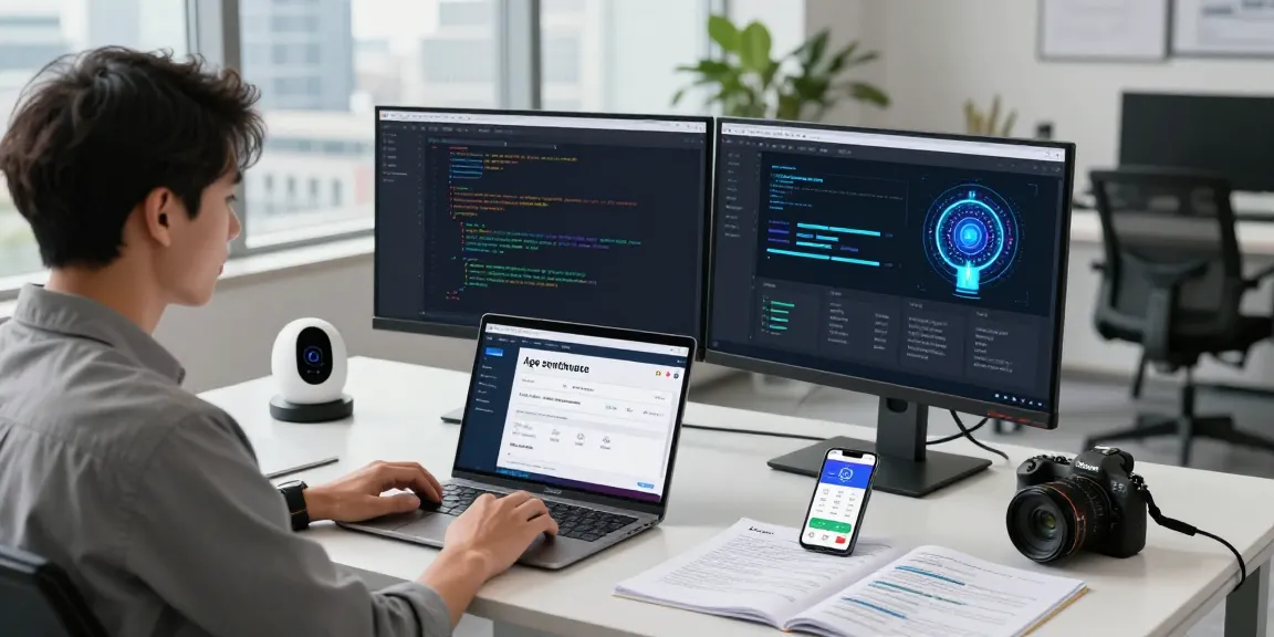 Professional age verification system integration in a modern office with AI algorithms displayed on monitors.