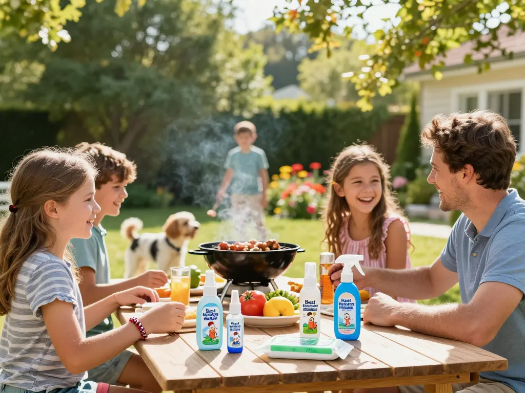 Family enjoying a picnic with various Best Mosquito Repellent products in a sunny backyard.