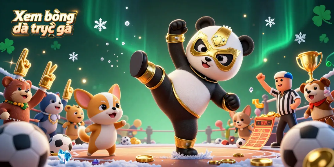 Xem bóng đá trực tiếp engaging scene with a panda, chihuahua referee, and wild animal fans celebrating sports bets.