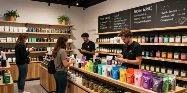 Alien Labs Brain Wash prominently displayed in a modern cannabis shop with customers engaging and vibrant decor.
