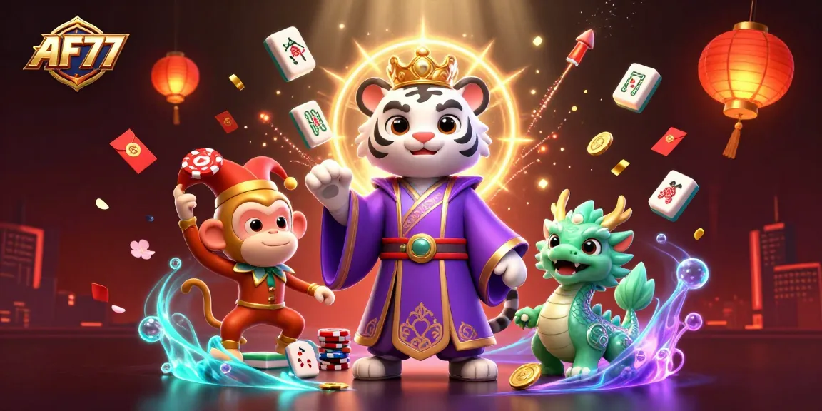 Experience winning at AF77 with dynamic gameplay featuring a white tiger, poker chips, and vibrant decorations.