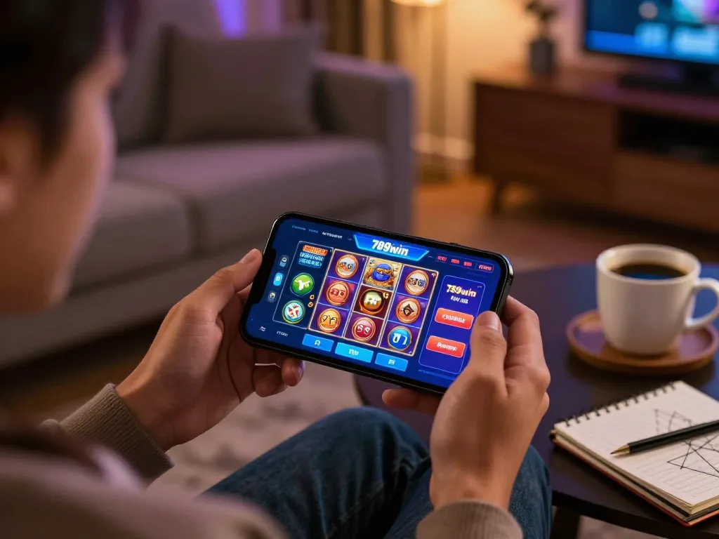 Using the 789win link mới on a smartphone for online casino gaming in a cozy home