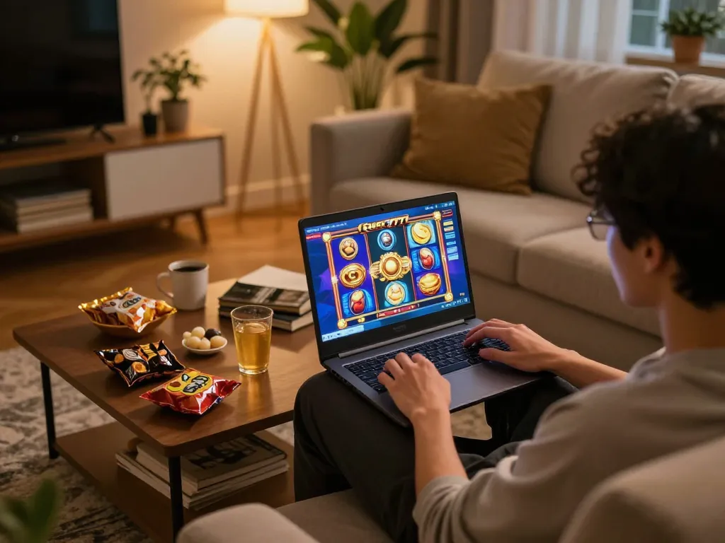 Engaged player enjoying slot gacor 777 on laptop with vibrant graphics, cozy atmosphere.