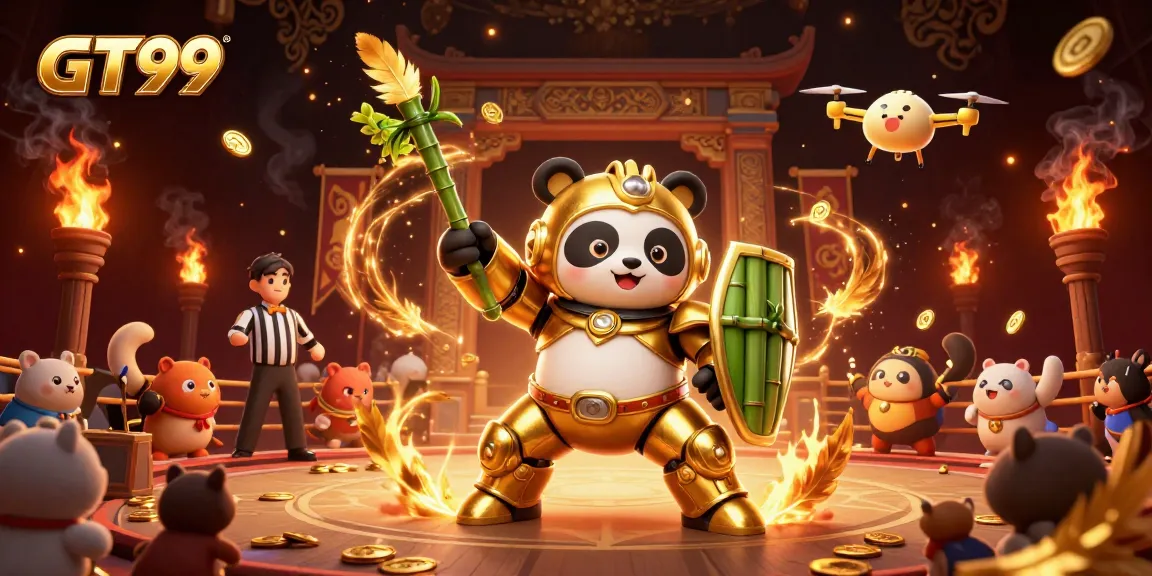 GT99 showcases a dynamic illustration of a golden panda in a mech-suit amid a vibrant casino arena, sparking excitement.