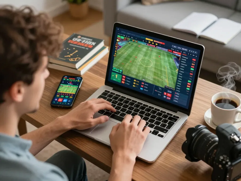 Person engaging in online sports betting on uu88 net app, surrounded by cozy home setup.
