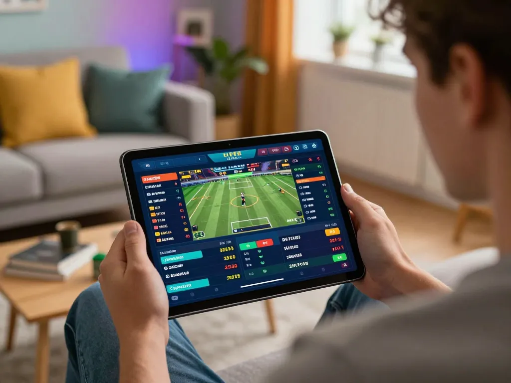 Open88 player engaging in sports betting on a tablet, showcasing dynamic betting interface and cozy atmosphere.