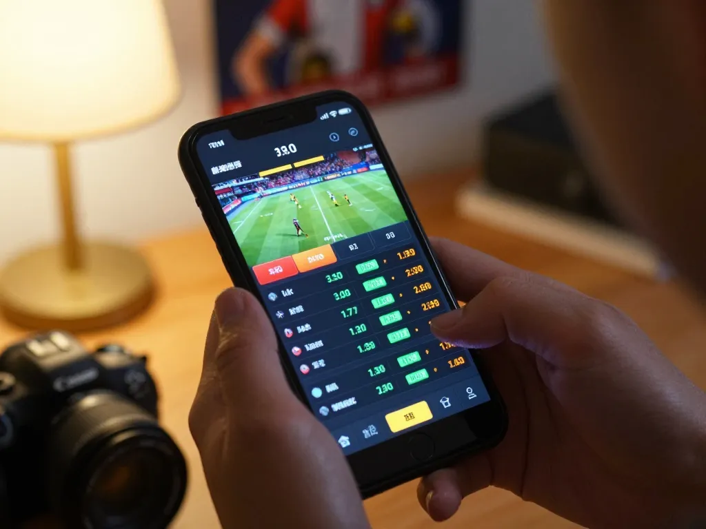 Engaging in live sports betting through 388bet on a smartphone in a cozy atmosphere.