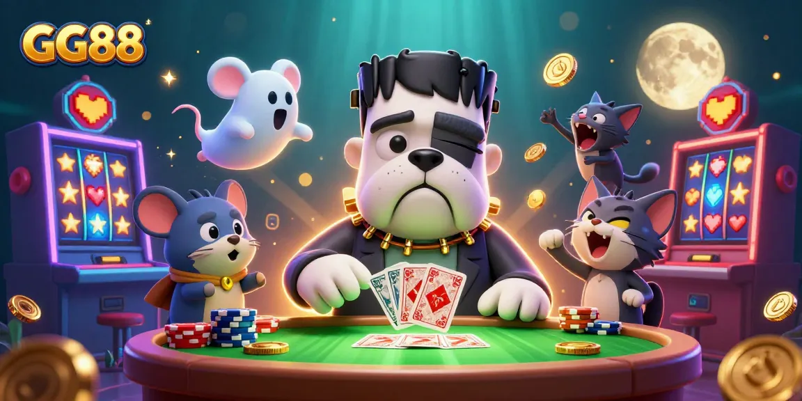 GG88 promotes a thrilling atmosphere with a Frankenstein bulldog dealing cards at a spooky table, featuring vibrant slots.