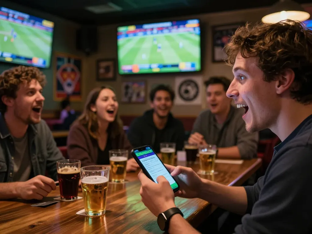 A man using the fabet app for live sports betting in a lively sports bar atmosphere.