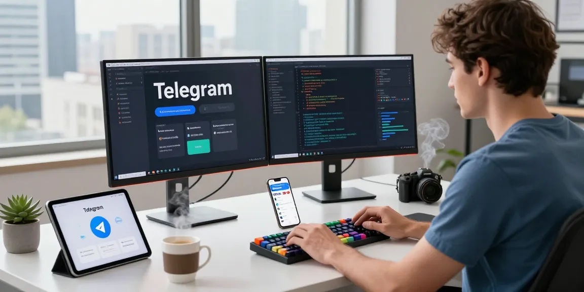 Focused coding environment showcasing Telegram官网 features with dual monitors, coffee, and tech gadgets.