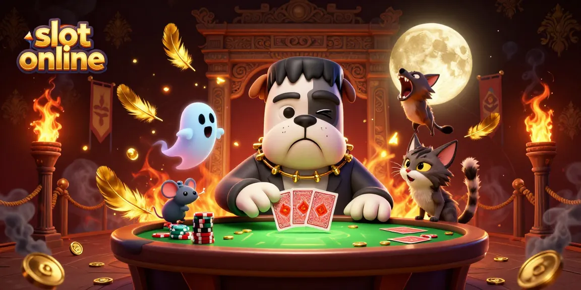 Slot online menampilkan monster bulldog Frankenstein bermain kartu di meja kasino yang mengesankan.