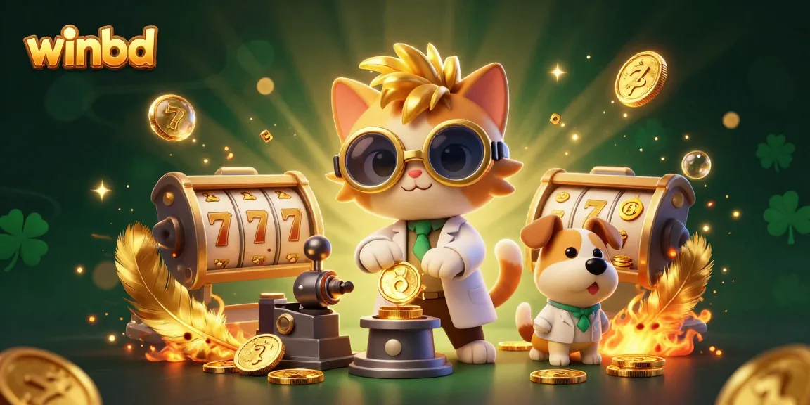 Winbd's exciting scene features a mad scientist cat creating gold coins in a colorful online casino atmosphere.