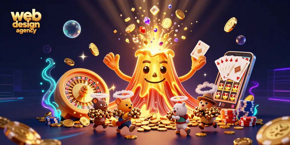 3D cartoon illustration of a web design agency showcasing a triumphant volcano erupting coins and gems.