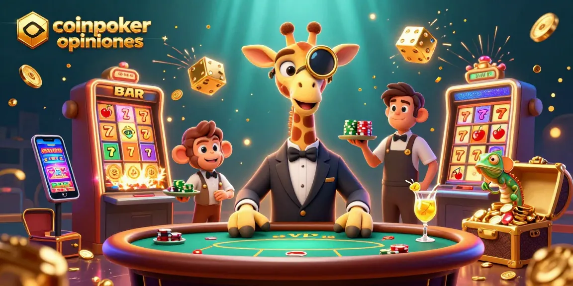 Esplora le opinioni su CoinPoker con questa vivace illustrazione di alta qualità di una giraffa e un valet al tavolo da poker.