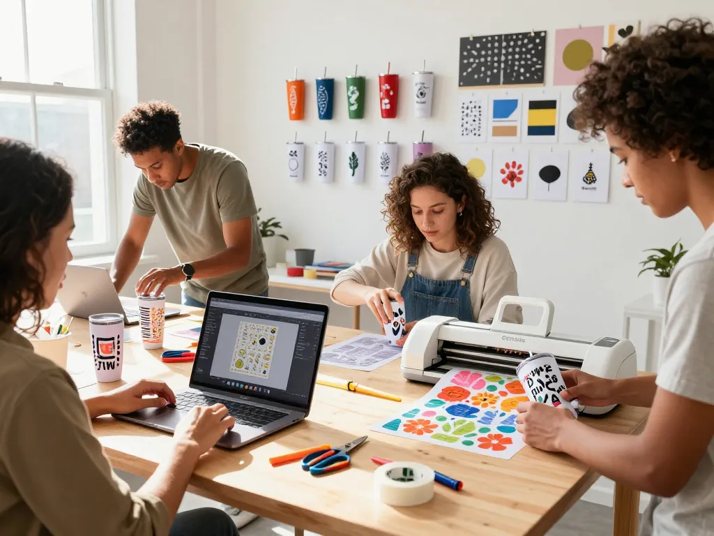 crafters using svg bundle in a vibrant crafting studio for tumbler designs
