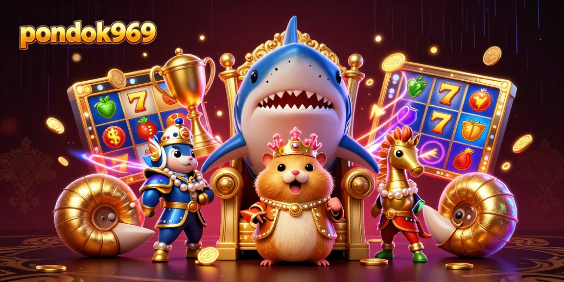 Pondok969 features a fierce golden hamster king surrounded by gambling elements, illustrating winning slot games.