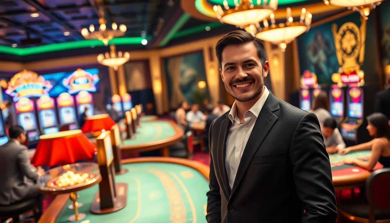 Vegas hero dealer engaging players in a lively online casino setting, full of excitement.