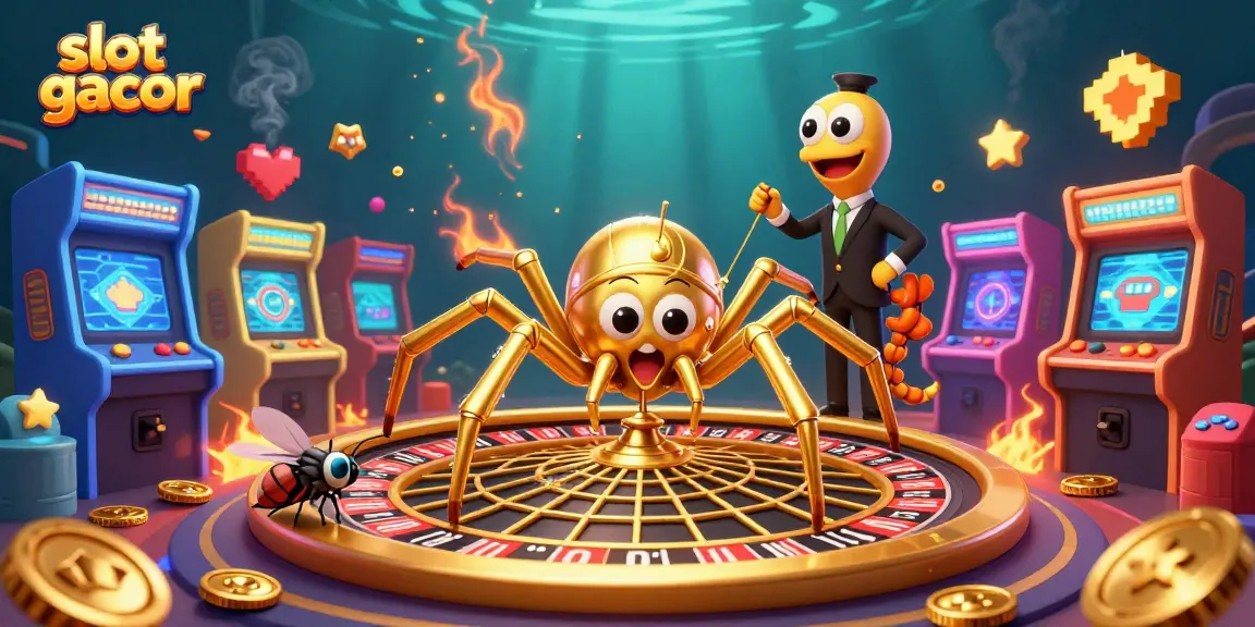 Engage in thrilling action with slot gacor, as a nervous fly places bets in a vibrant casino scene.