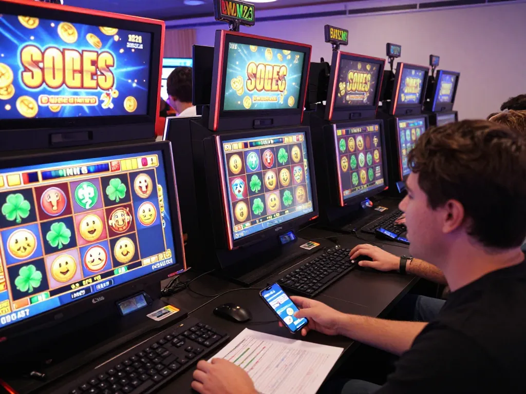 Excited players enjoying slot gacor games on multiple devices in a vibrant gaming environment.