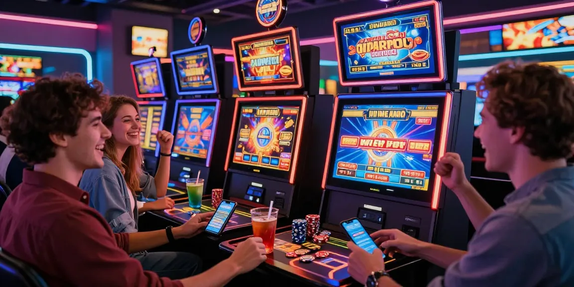 Engaging game scene showing friends enjoying situs depo 5rb online slot gaming experience with colorful screens and vibrant casino atmosphere.