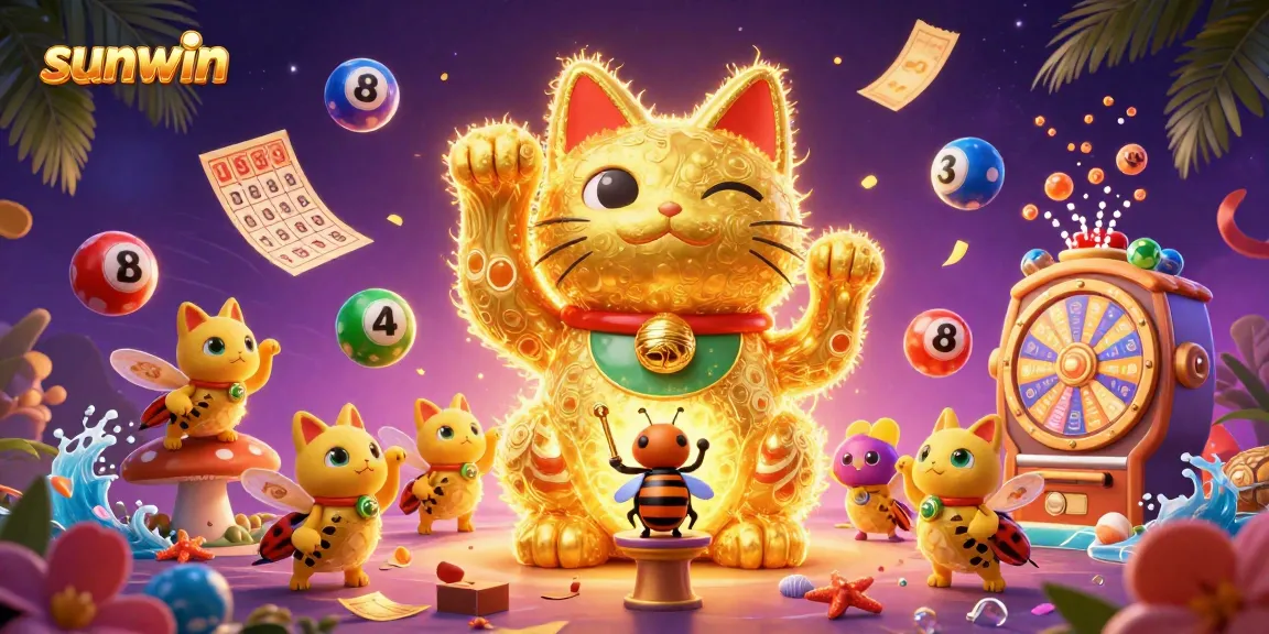 Experience thrilling gaming action with sunwin's vibrant 3D illustration of a lucky cat and gold symbols in a casino.