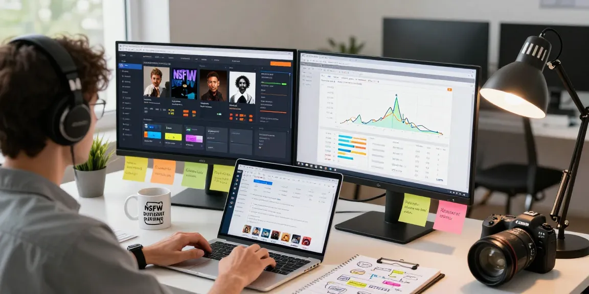 NSFW content moderation workspace with tools for analysis and guidelines, showcasing focus and creativity.