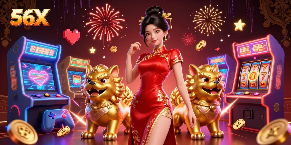 Experience the excitement of 56X with a glamorous character beside golden guardians and vibrant game elements.