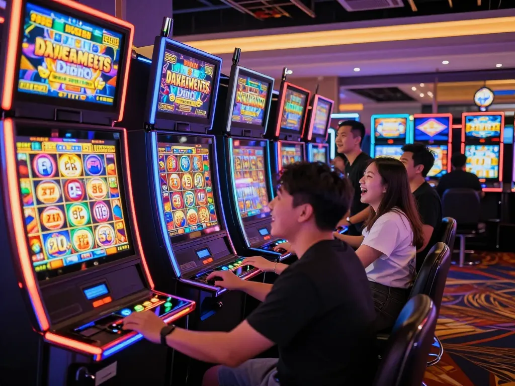 Pemain menikmati mesin slot yang mendebarkan di kasino DEWI88, menampilkan gulungan berwarna-warni dan kegembiraan.