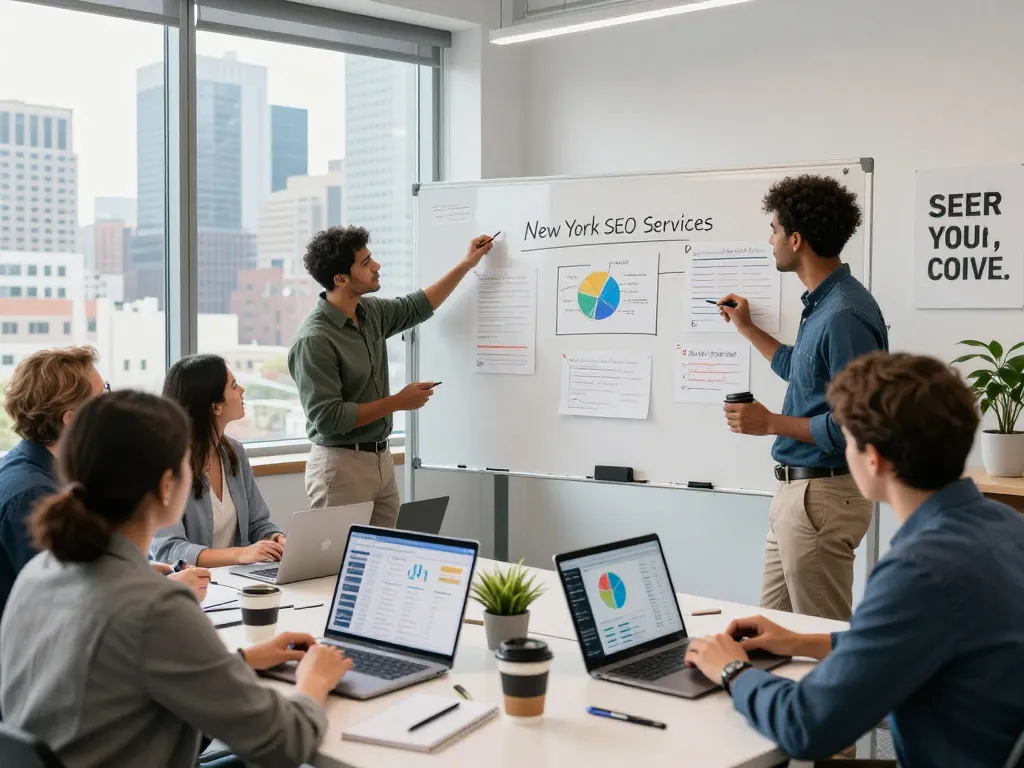 Team collaboratively planning New York SEO Services in a modern office, showcasing vibrant teamwork and innovative strategies.
