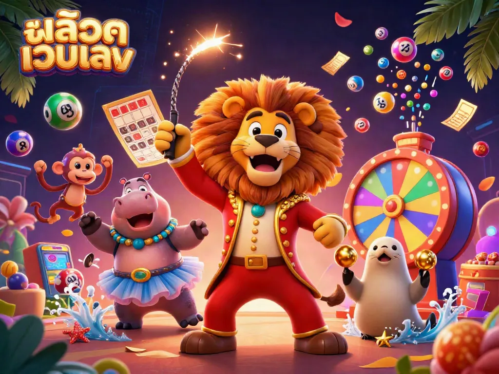 Experience exciting wins at สล็อตเว็บตรง with a colorful circus-themed illustration of gambling elements and characters.