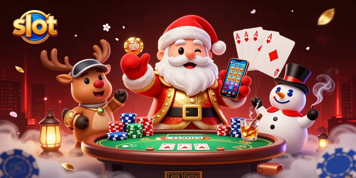 Bermain slot seru dengan Santa Claus, rusa, dan manusia salju di kasino yang penuh warna.