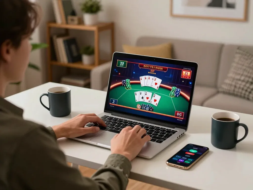3win user enjoying online poker strategy at a modern desk with vibrant game interface