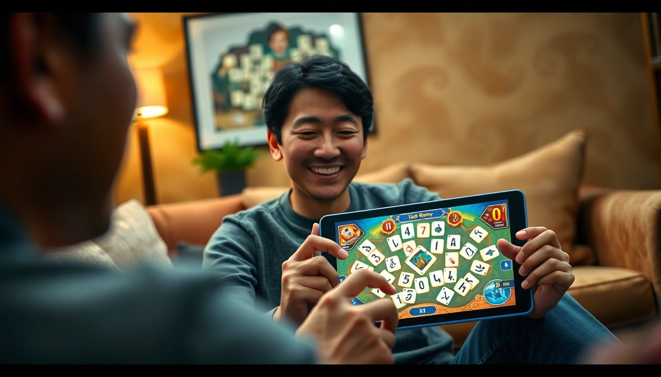Engaging scene of a player enjoying Yono Rummy on a tablet in a cozy living room.